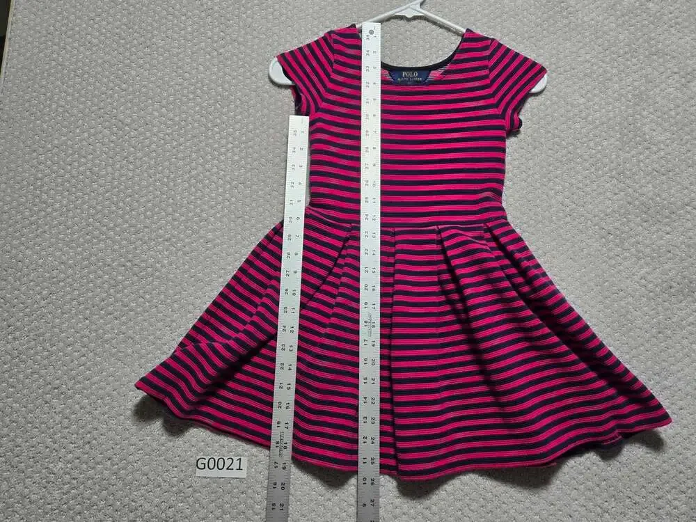 Polo Ralph Lauren Girls Pink and Navy Striped Short Sleeve Fit and Flare Dress